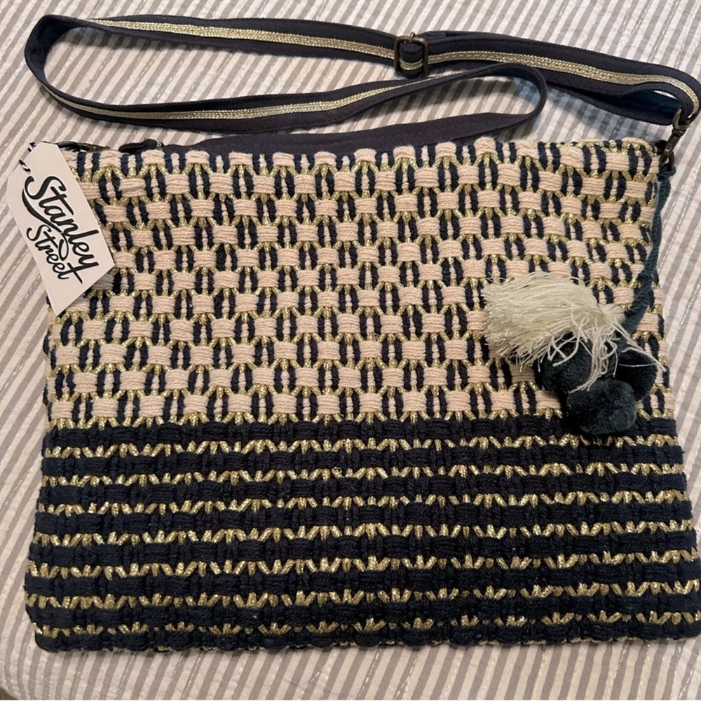 America & Beyond Black/ Cream/ Gold Woven Crossbody NWT